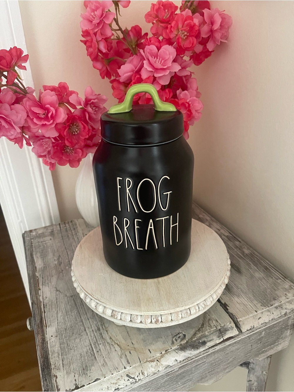 Rae Dunn Black 'FROG BREATH' Kitchen Canister with Green Handle